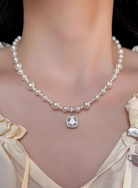 新款可拆锆石施家珍珠项链女轻奢小众高级感颈链毛衣链气质锁骨链