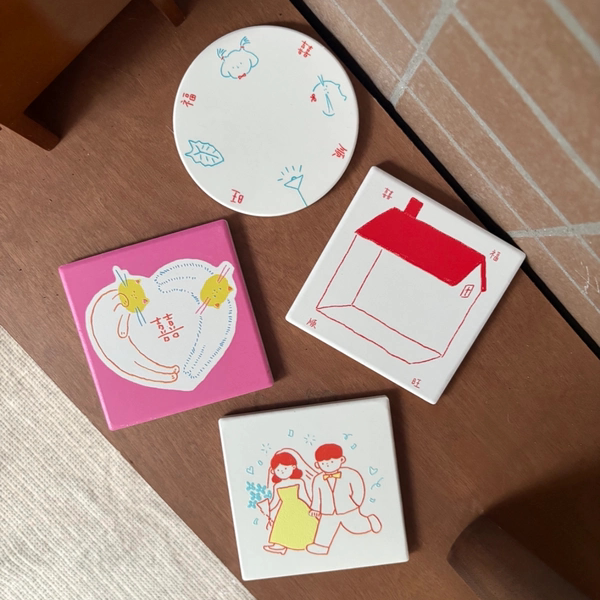 原创插画「人生四喜」陶瓷浮雕创意杯垫
