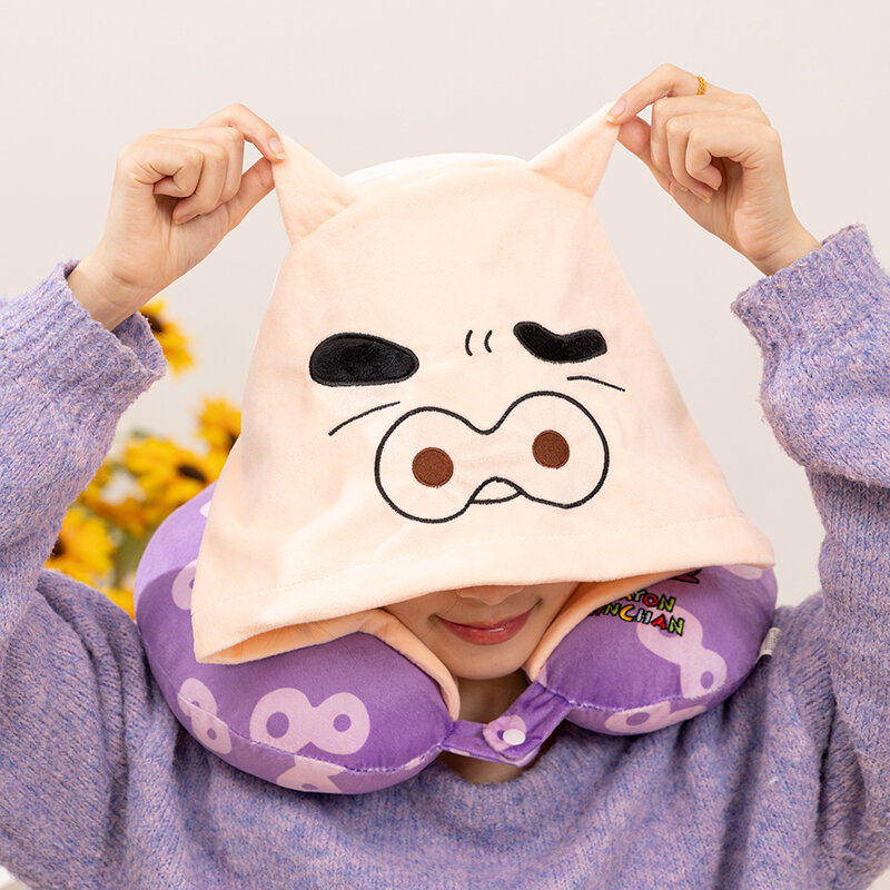 可爱卡通蜡笔小新u型枕连帽护颈枕飞机旅行枕午睡u形脖子靠枕便携