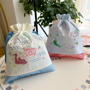 可爱美人鱼绸缎刺绣抽绳束口袋杂物整理袋便携式旅行内衣收纳袋