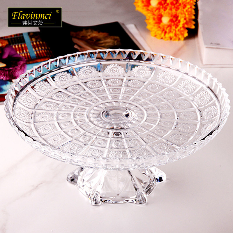 欧式高脚水晶玻璃水果盘甜品台轻奢平底盘家用干果盘零食盘糖果盘
