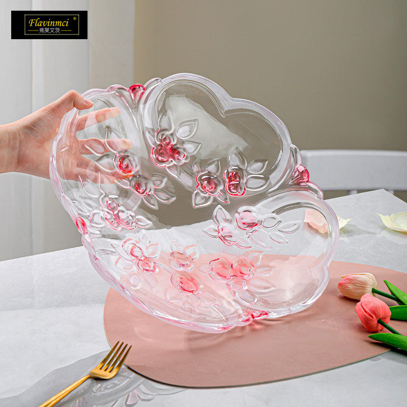 新款浮雕梅花玻璃果盘果斗花瓶家居摆件礼品干果盘家用客厅水果盘