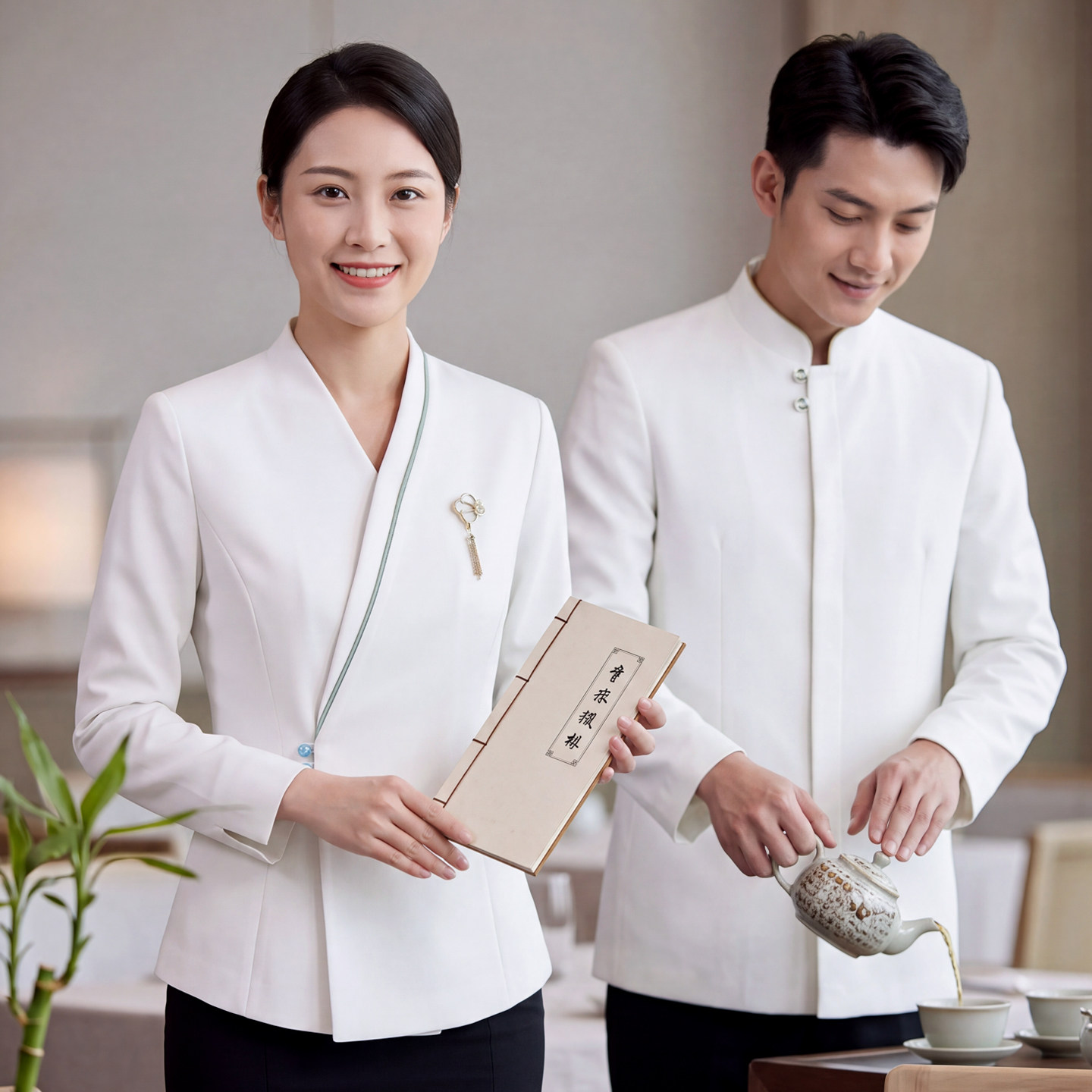 高端饭店新中式餐饮服务员工作服图片