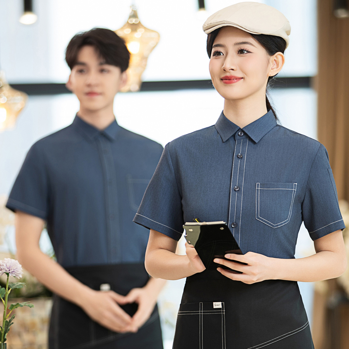 高端饭店火锅餐饮服务员短袖酒店西餐咖啡奶茶衬衣工作服定制夏季