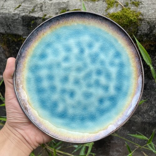 窑变蓝边冰裂釉肌理纹陶瓷圆盘酒店餐厅餐具水果沙拉盘子摆盘0642