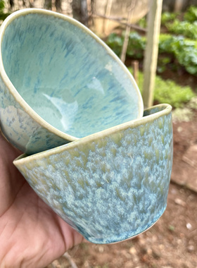 两只超美绿色窑变釉下彩陶瓷米饭碗艺术不规则吃饭碗家用调理小碗