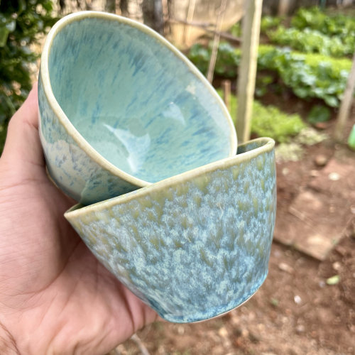 两只超美绿色窑变釉下彩陶瓷米饭碗艺术不规则吃饭碗家用调理小碗