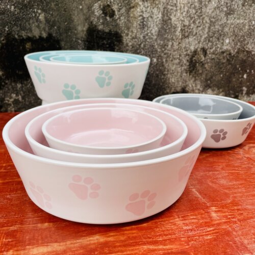 三个装可爱印花猫爪陶瓷宠物碗装中大狗粮猫咪吃饭碗小清新汤菜碗