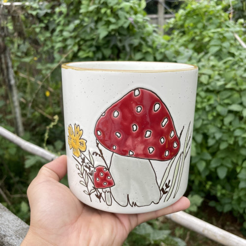 外贸出口手绘蘑菇筷子筒花盆多肉植物陶瓷阳台庭院桌面摆件装饰品