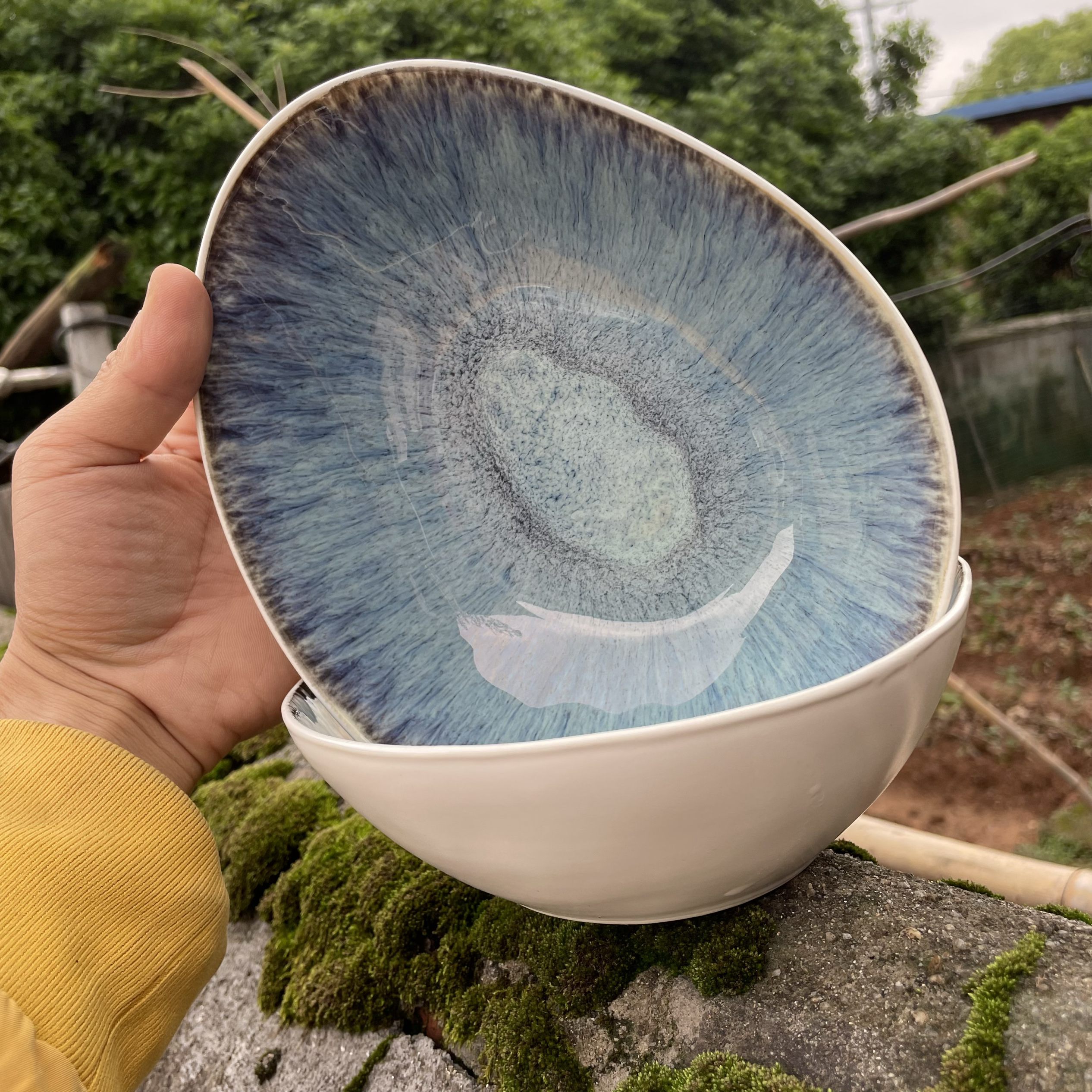 窑变蓝色陶瓷8英寸恐龙蛋ins风西餐厅沙拉碗火锅异形汤面碗引流碗