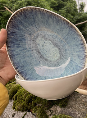 窑变蓝色陶瓷8英寸恐龙蛋ins风西餐厅沙拉碗火锅异形汤面碗引流碗