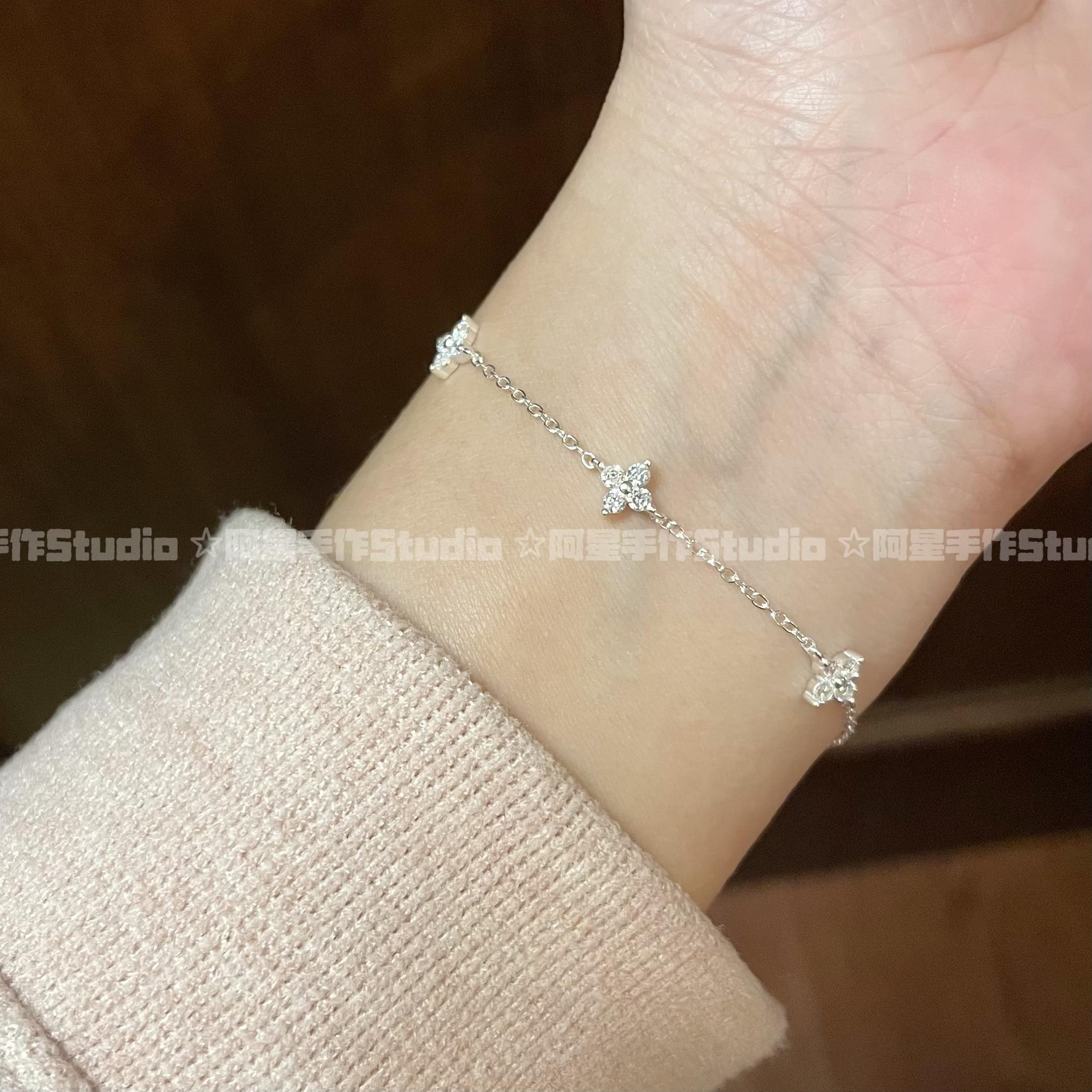 阿星手作足银合成锆石四叶草手链