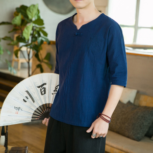 风咖啡厅宽松麻棉七分袖男士潮流加大码时尚短袖T恤T19-P-24图片