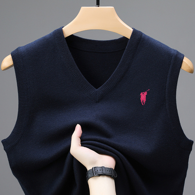 保罗100%纯羊毛衫男加厚针织背心秋冬款马甲中青年V领无袖羊毛衫