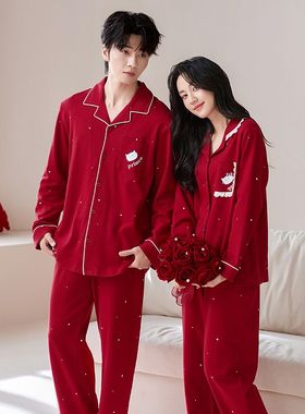 小白猫纯棉红色喜庆结婚情侣开衫长袖长裤睡衣宽松休闲时尚家居服