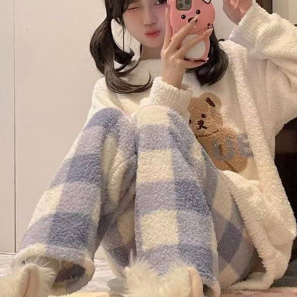 睡衣女秋冬半边绒甜美小熊熊加厚
