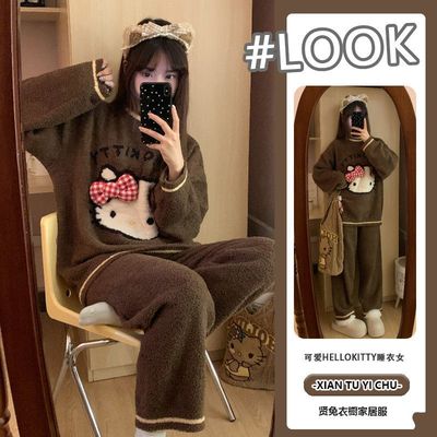 KT猫半边绒睡衣女秋可爱圆领猫咪