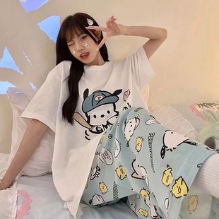 宿舍外出家居服套装 韩版 长裤 可爱少女短袖 棒球狗花睡衣女春秋爆款
