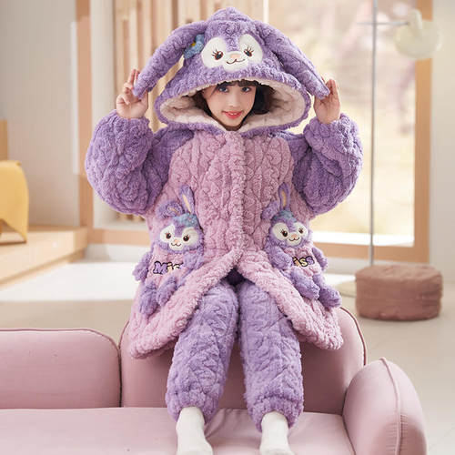 儿童加厚家居服冬夹棉睡衣女孩珊瑚绒三层加绒加厚女童家居服套装