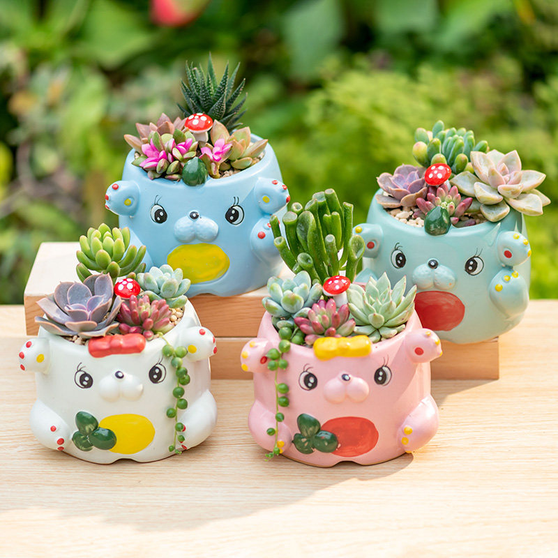 创意可爱卡通熊童子多肉陶瓷花盆小动物多肉植物盆栽桌面花园花器