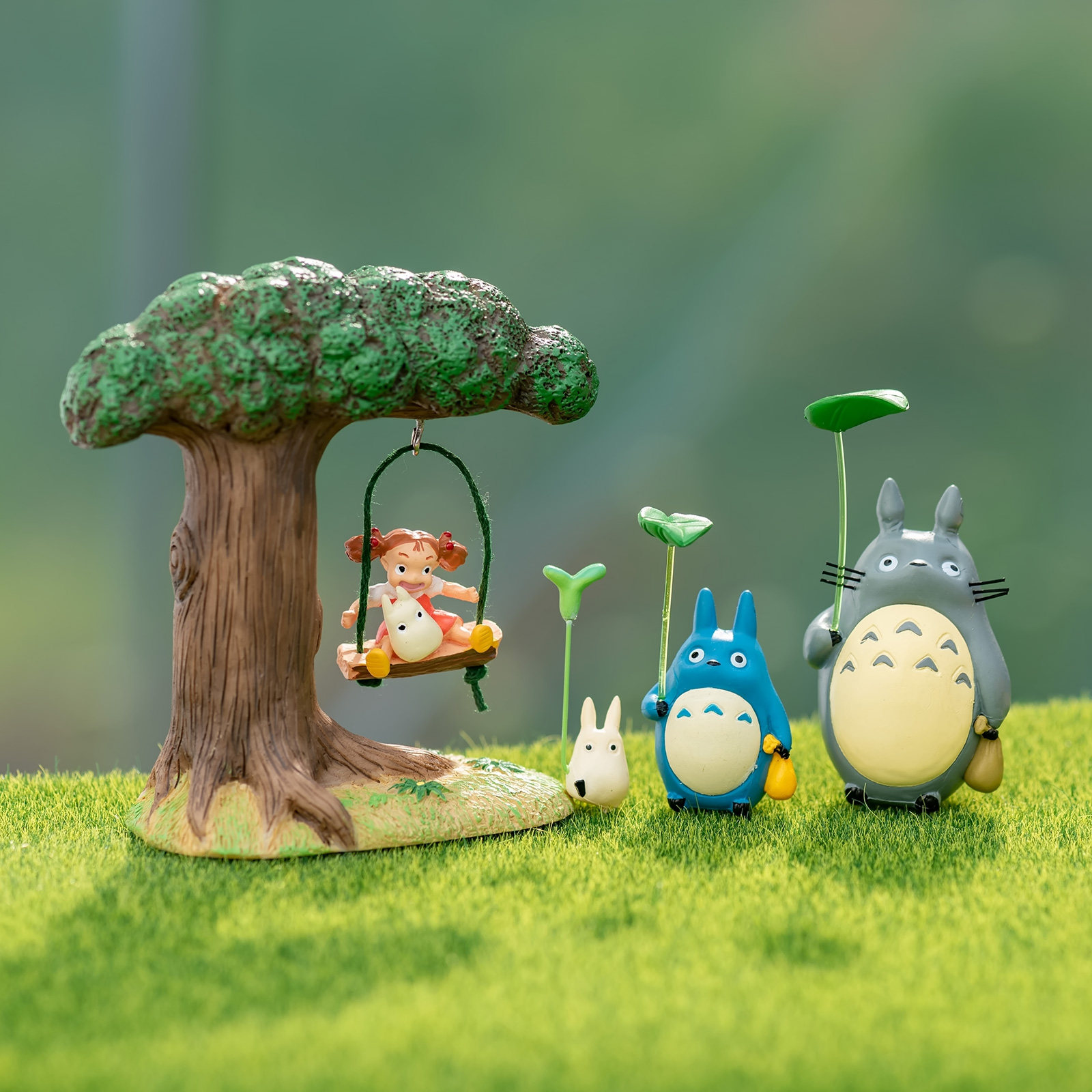 创意树桩秋千小女孩荷叶龙猫可爱软萌儿童书桌摆件微景观造景材料