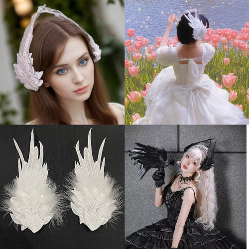 甜系造型羽毛黑白双色立体翅膀Lolita天使之翼  刺绣发夹边夹头饰