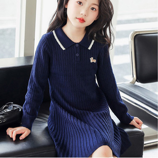 女童连衣裙2026春秋新款 儿童可爱学院风polo领裙子女孩针织毛衣裙