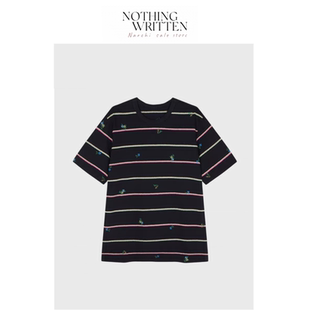 【现货】Nothing Written Narchi条纹T恤短袖女碎花刺绣宽松上衣