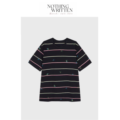 【现货】Nothing Written Narchi条纹T恤短袖女碎花刺绣宽松上衣