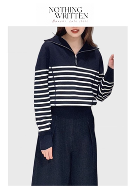【现货】Nothing Written Narchi软糯舒适翻领条纹拉链针织衫毛衣