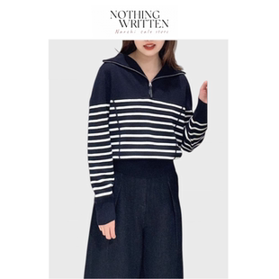 【现货】Nothing Written Narchi软糯舒适翻领条纹拉链针织衫毛衣