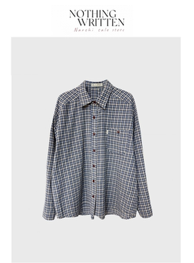 【现货】Nothing Written Narchi韩国休闲宽松复古蓝格子长袖衬衣