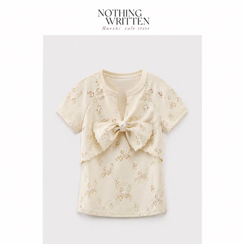 【现货】Nothing Written Narchi蕾丝短袖上衣盘扣蝴蝶结收腰小衫
