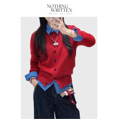 【现货】Nothing Written Narchi爱心扣红色针织开衫宽松软糯毛衣