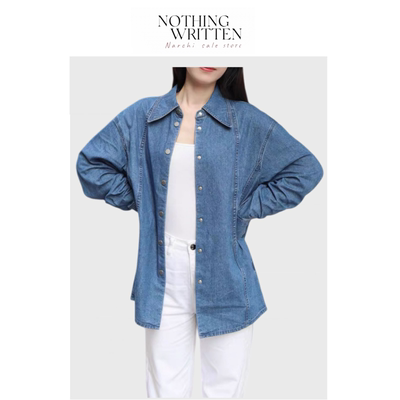 【现货】Nothing Written Narchi复古水洗纯棉落肩廓形牛仔衬衫女