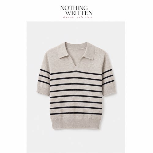 【现货】Nothing Written Narchi条纹polo领针织短袖V领宽松上衣
