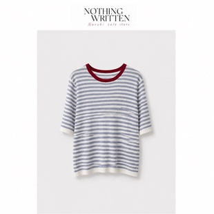 【现货】Nothing Written Narchi拼色圆领条纹T恤女针织短袖上衣