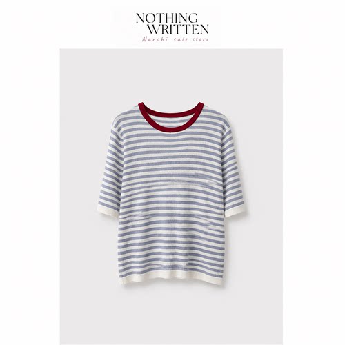 【现货】Nothing Written Narchi拼色圆领条纹T恤女针织短袖上衣