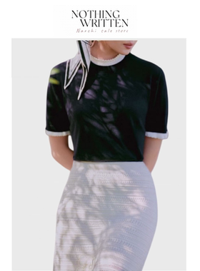 【现货】Nothing Written Narchi撞边黑色针织衫短袖显瘦气质上衣