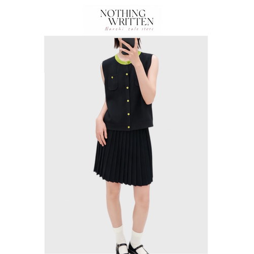 【现货】Nothing Written Narchi学院风撞色针织马甲百褶半裙套装