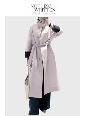 【现货】Nothing Written Narchi文艺珠贝粉中长款拼色风衣外套女