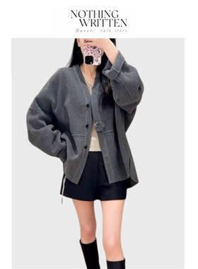 【现货】Nothing Written Narchi灰色毛呢开衫宽松V领单排扣外套