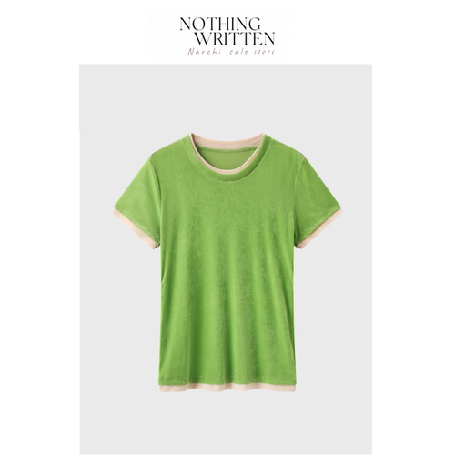 【现货】Nothing Written Narchi撞色边丝绒短袖T恤女圆领上衣