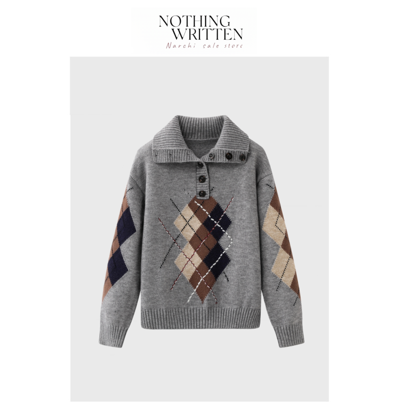 【现货】Nothing Written Narchi复古拼色菱格纹翻领毛衣针织衫女,女装/女士精品,大码内搭,淘宝优惠券,粉丝福利购,淘宝优惠卷