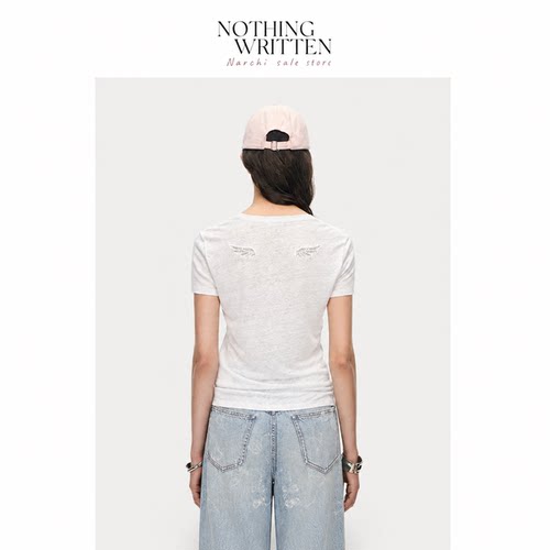 【现货】Nothing Written Narchi短袖薄款T恤女V领镂空蕾丝羽翼
