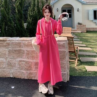 长款连帽卫衣连衣裙女秋冬季大码胖mm宽松气质减龄高级百搭长裙子