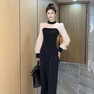 时尚 气质显瘦长袖 休闲百搭轻奢女装 连体裤 2024春季 高腰连衣裤 新款