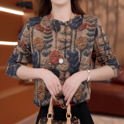 2025新款大码t恤复古常规款女装长袖打底衫宽松型圆领印花