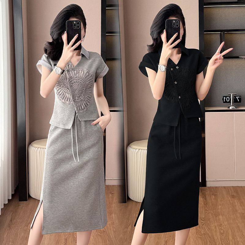 轻奢网红休闲裙套装女夏季新款宽松潮流蕾丝卫衣短袖半身裙两件套