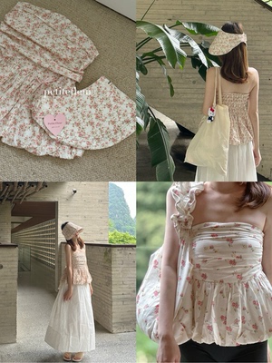 Petite Fleur原创设计 春夏限定 复古法式花花抹胸上衣